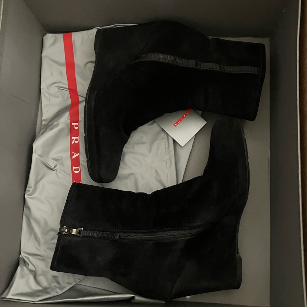 Prada Sport Black Suede Wedge Zip Boot Size 36